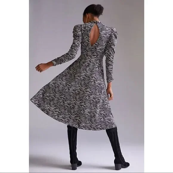 NEW Anthropologie Puff-Sleeved Black & White Jacquard Cut-Out Midi Dress X-Small